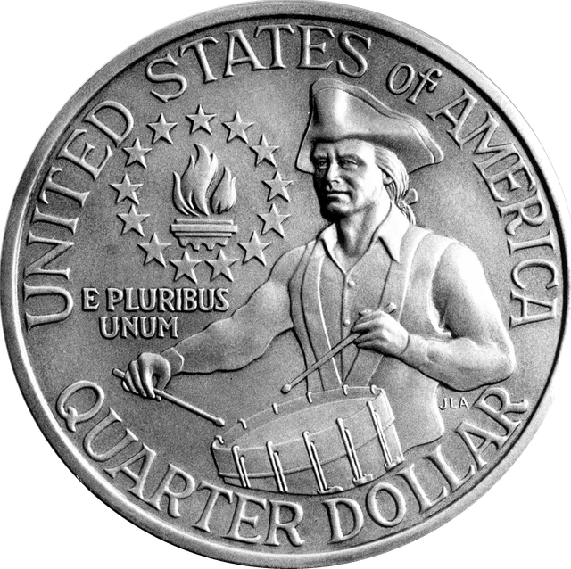 Reverse of the Bicentennial quarter: a colonial drummer beside a victory torch ringed by 13 stars