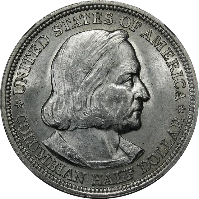 Bust of Christopher Columbus on an 1893 Columbian half dollar, with "United States of America"