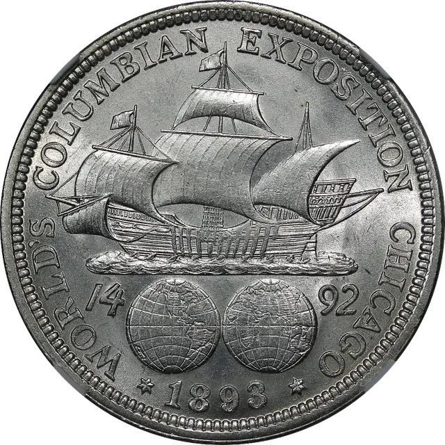 The Santa Maria sailing above two globes, with "Columbian Half Dollar" and the date 1893