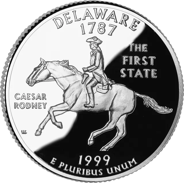 Reverse of the 1999 Delaware state quarter: Caesar Rodney on horseback, with "The First State"
