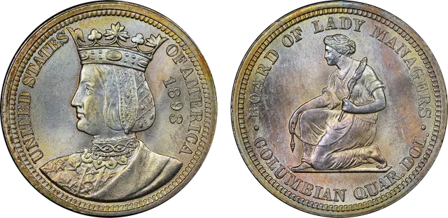 Obverse: crowned bust of Queen Isabella of Spain on the 1893 quarter. Reverse: a kneeling woman holding a distaff, with "Board of Lady Managers" and "Columbian Quar. Dol."