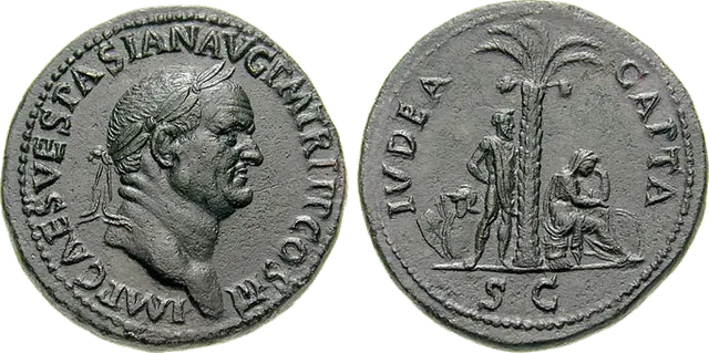 Bronze sestertius of Vespasian struck in AD 71: his laureate head, and a woman seated in mourning under a palm tree beside a bound captive, with IVDAEA CAPTA