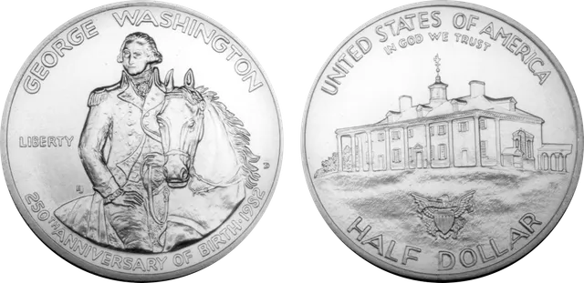 Obverse: George Washington on horseback, marking the 250th anniversary of his birth. Reverse: the east front of Mount Vernon