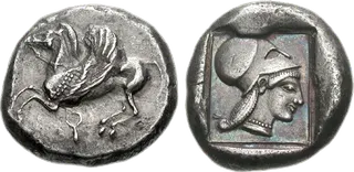 Silver stater of Corinth, about 515 to 500 BC, with the winged horse Pegasus and the head of Athena in a Corinthian helmet