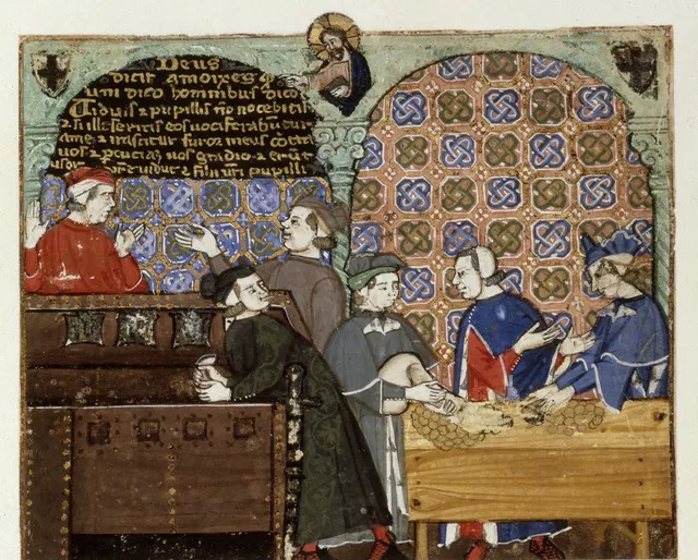 Fourteenth-century Italian manuscript painting of a counting house: bankers at a cloth-covered table weigh and count coins while customers wait