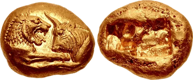 Gold Croeseid of King Croesus showing a lion facing a bull