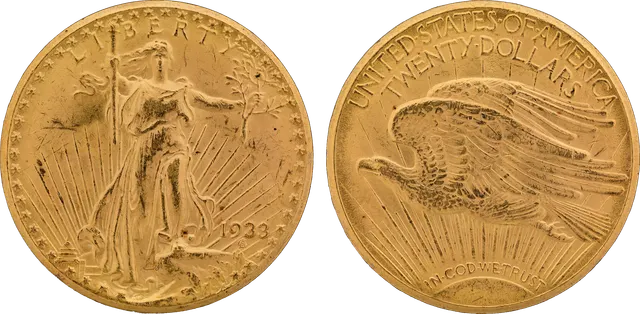 1933 Saint-Gaudens double eagle from the Smithsonian: Liberty striding forward with torch and olive branch and the date 1933, and an eagle flying over the rising sun on the back