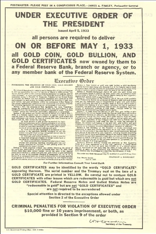 1933 post-office notice of Executive Order 6102 ordering all persons to deliver gold coin, gold bullion and gold certificates on or before May 1, 1933