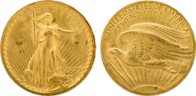 1907 high-relief Saint-Gaudens double eagle with the date in Roman numerals, MCMVII, front and back