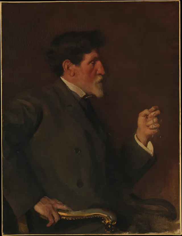 Painted portrait of the sculptor Augustus Saint-Gaudens in profile, with a grey beard, holding a watch chain