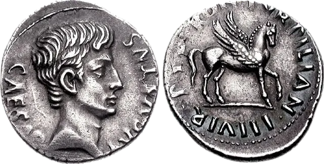 Silver denarius of Augustus, 19 BC: bare head of the emperor and Pegasus