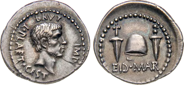 EID MAR denarius of Brutus, 43 to 42 BC: Brutus's bare head, and a cap of liberty between two daggers over the words EID MAR
