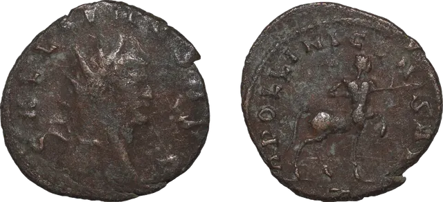 Debased antoninianus of Gallienus, AD 260 to 268, dark brown with almost no silver, showing a centaur on the reverse