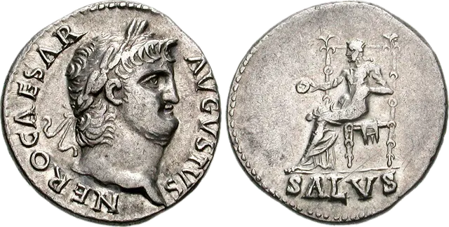 Silver denarius of Nero struck at Rome after his reform, AD 65 to 66, with Salus seated on the reverse