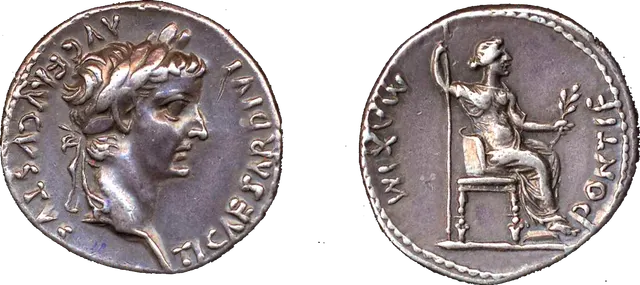 Silver denarius of Tiberius from Lugdunum, the "tribute penny" type, with a laureate portrait and a seated woman holding a sceptre and branch
