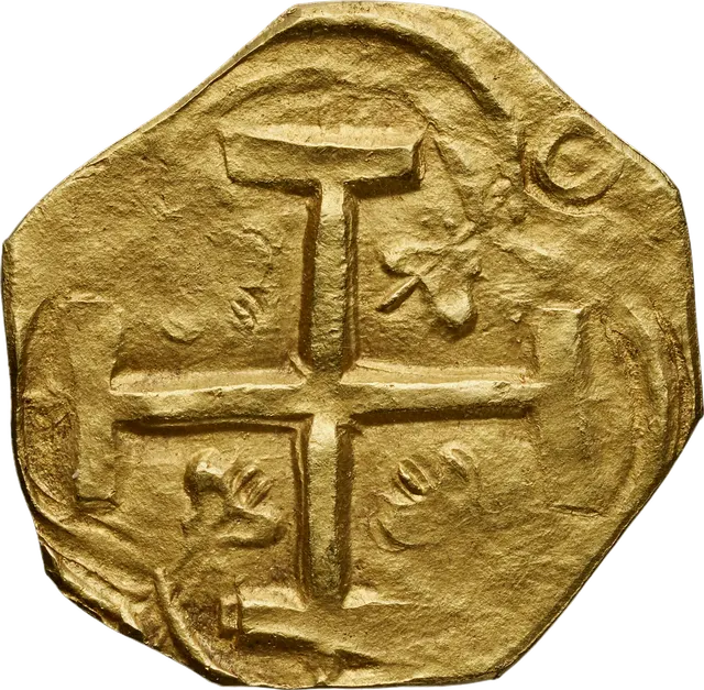 Hand-struck gold cob 2 escudos from the Santa Fe de Bogotá mint, reign of Philip IV, with an irregular shape and Jerusalem cross