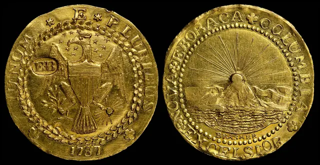 Both sides of the 1787 Brasher doubloon: an eagle with Ephraim Brasher's EB hallmark, and the sun rising over mountains