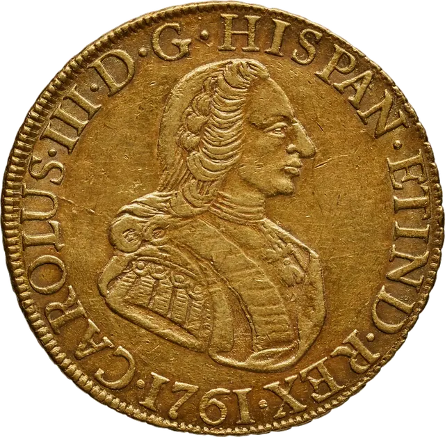 Gold 8 escudos doubloon struck in Lima in 1761, showing King Charles III's bust
