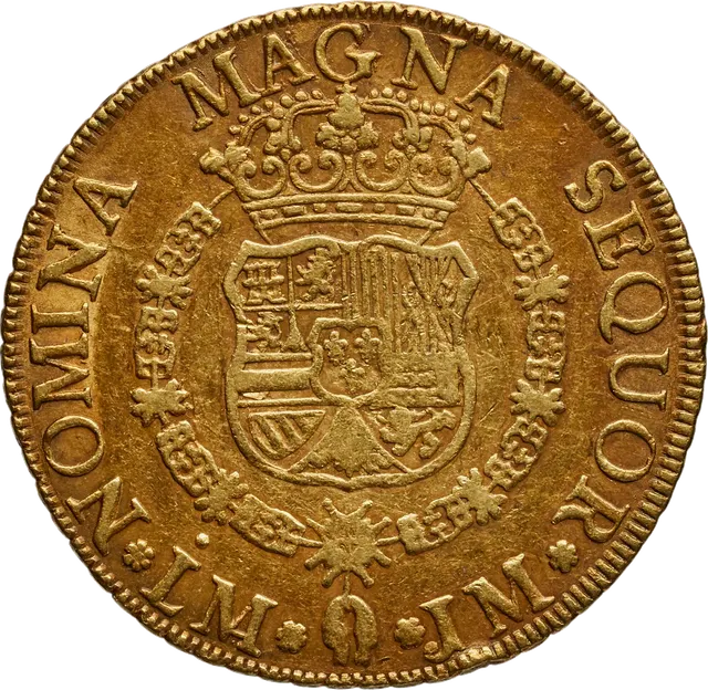 Reverse of a 1761 Lima 8 escudos, showing the crowned Spanish royal arms with the Golden Fleece collar