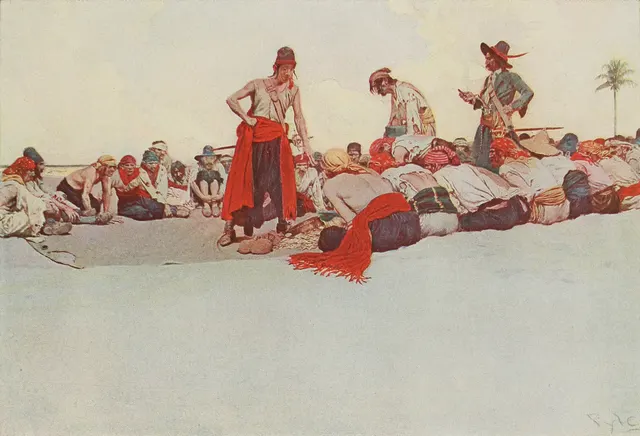 Howard Pyle painting of pirates dividing treasure on a beach