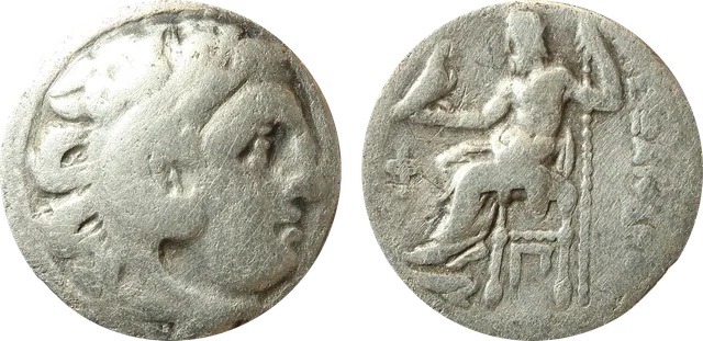 Silver drachm in the name of Alexander the Great, struck at Kolophon around 310 to 301 BC: Herakles in a lion-skin headdress and Zeus on his throne