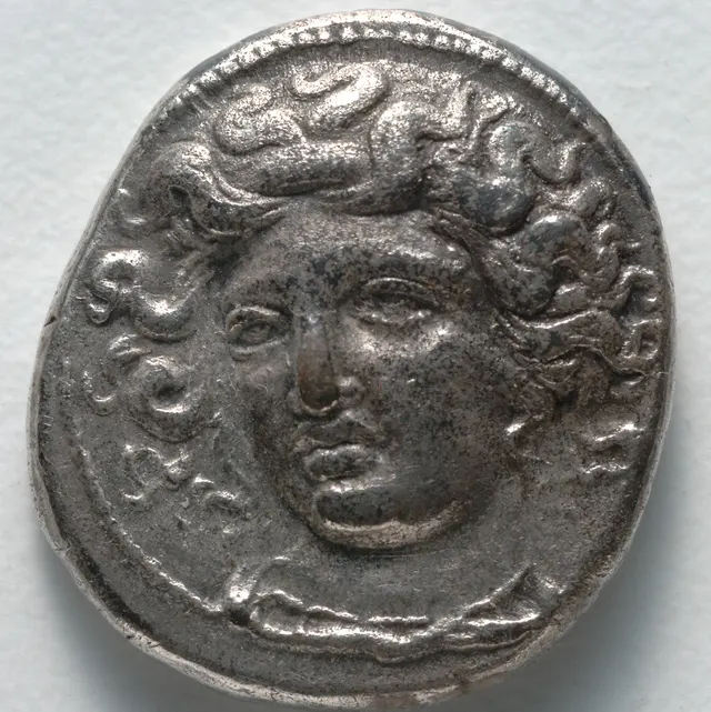 Silver drachm of Larissa in Thessaly, about 375 to 320 BC: the facing head of the nymph Larissa