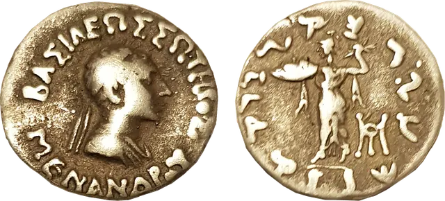 Bilingual silver drachm of the Indo-Greek king Menander I, with Greek lettering around his bust and Kharoshthi lettering around Athena