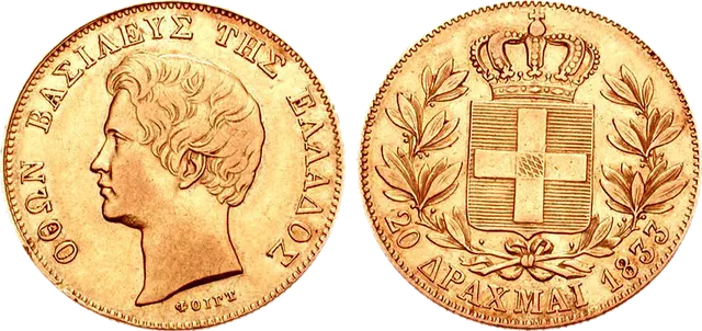 Gold 20 drachmai of King Otto of Greece, 1833: the young king's head, and the crowned royal arms