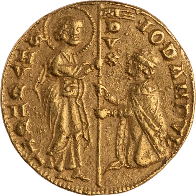Gold ducat of Doge Giovanni Dandolo, 1280s: St. Mark hands a banner to the kneeling doge