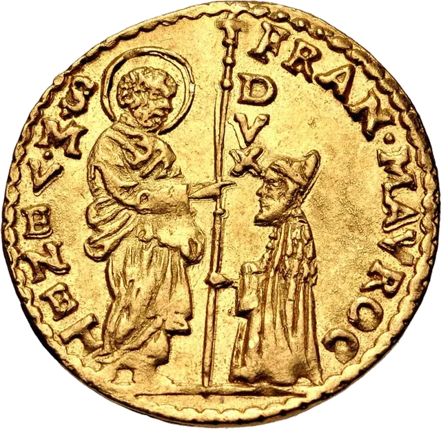 Gold Venetian ducat: obverse with Saint Mark handing a banner to the kneeling doge; reverse with Christ standing in an oval frame of stars