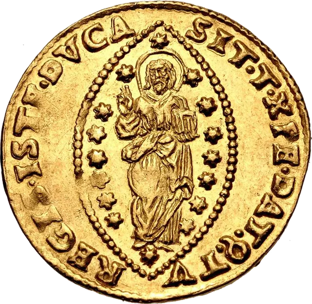 Gold Venetian ducat: obverse with Saint Mark handing a banner to the kneeling doge; reverse with Christ standing in an oval frame of stars