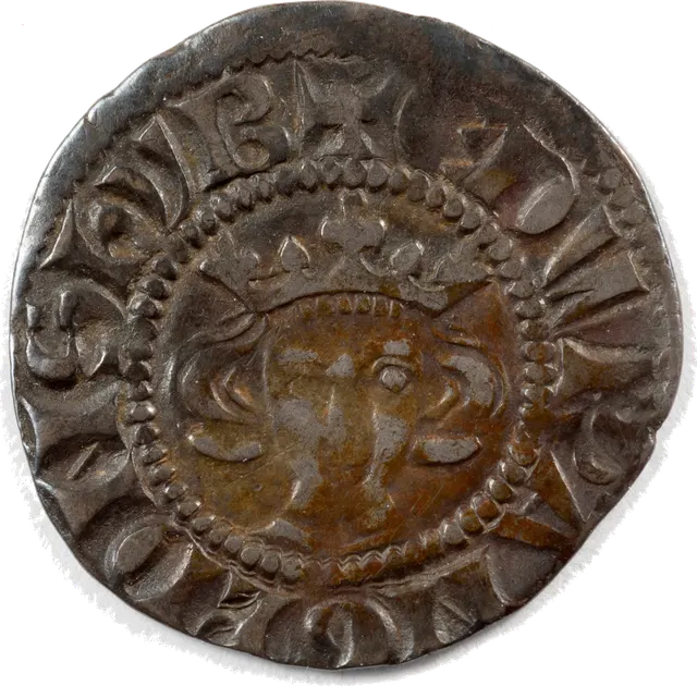 Silver penny of Edward I, 1280–81: crowned king's head on the front, a long cross on the back