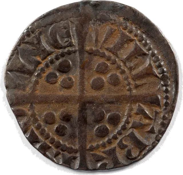 Silver penny of Edward I, 1280–81: crowned king's head on the front, a long cross on the back