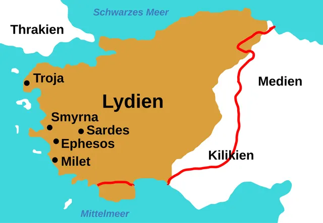 Map of the ancient kingdom of Lydia in western Anatolia, with Sardis and Ephesus marked.