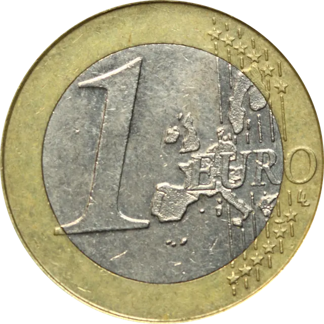 A €1 coin showing a large "1" beside a map of the EU member states and the word EURO, with stars at the edge
