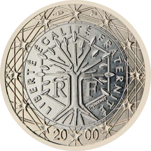 A French €1 coin with a tree inside a hexagon, the letters RF and the words "Liberté Égalité Fraternité", dated 2000