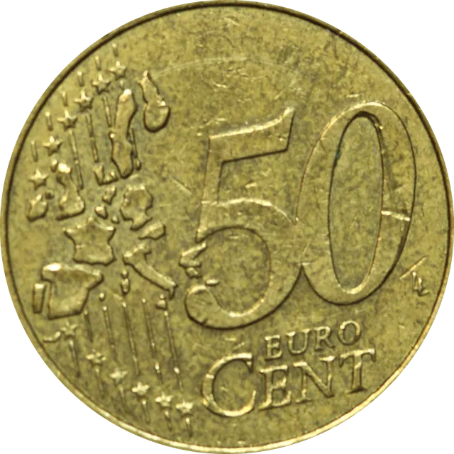 Original 50 euro cent common side: a large "50" beside the 15 EU member states of 2002 drawn as separate countries