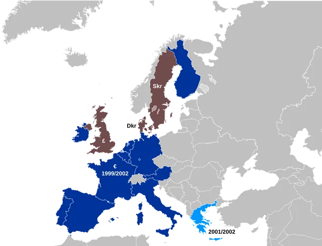 Map of Europe with the 11 founding euro countries of 1999 in dark blue, Greece (joined 2001) in light blue, and EU members without the euro (UK, Sweden, Denmark) in brown