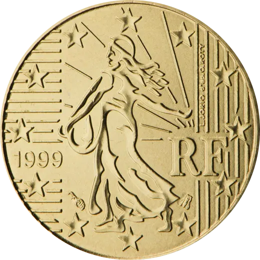 French 10, 20 and 50 cent national side dated 1999: the Sower, a woman scattering seed against a rising sun, with the letters RF
