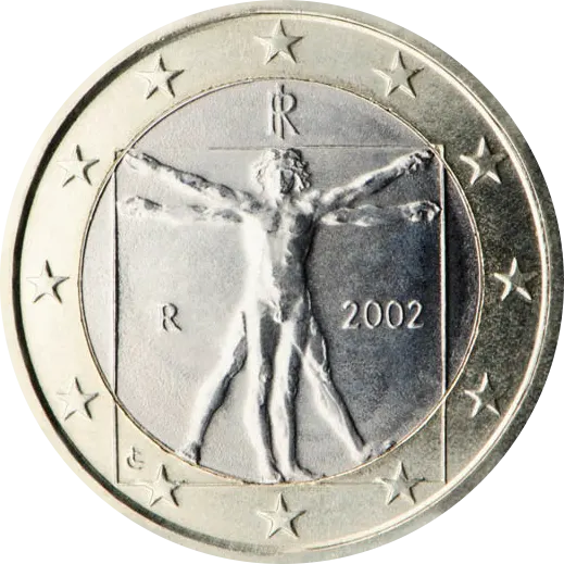 Italian €1 coin dated 2002 showing Leonardo da Vinci's Vitruvian Man inside a circle and square, ringed by twelve stars