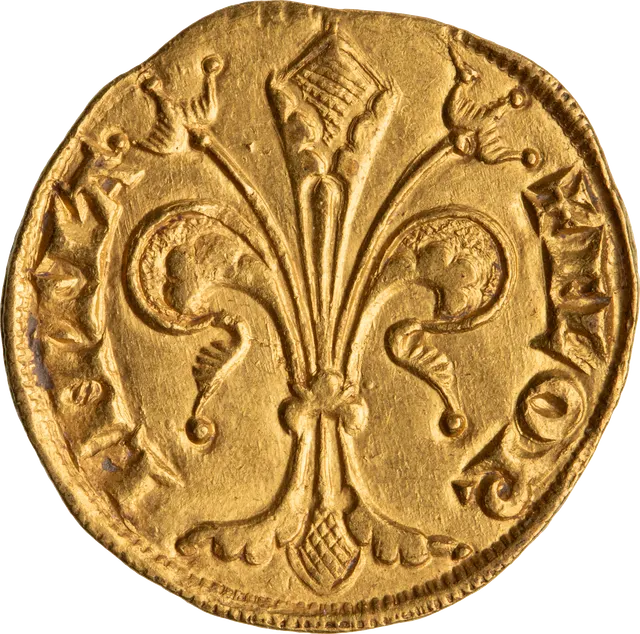 Gold florin of Florence, 1260s to 1300s: a large lily with the legend FLORENTIA