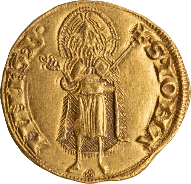Reverse of the florin: St. John the Baptist standing, raising his right hand and holding a cross-topped staff