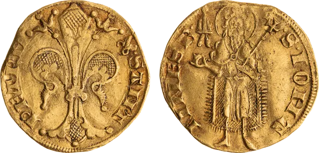 Gold florin of Pope John XXII, struck at Avignon between 1316 and 1334, copying Florence's lily and St. John design