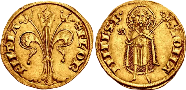 Both sides of an early Florentine gold florin struck between 1252 and 1267: the lily on the left, St. John the Baptist on the right