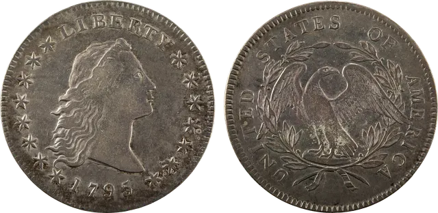 1795 Flowing Hair silver dollar, one of the first US dollars: Liberty with loose hair, and a small eagle in a wreath