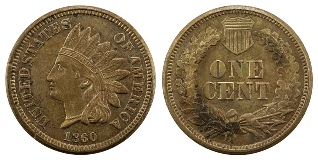Obverse and reverse of an 1860 Indian Head cent, Liberty in a feathered headdress and a wreath with a shield