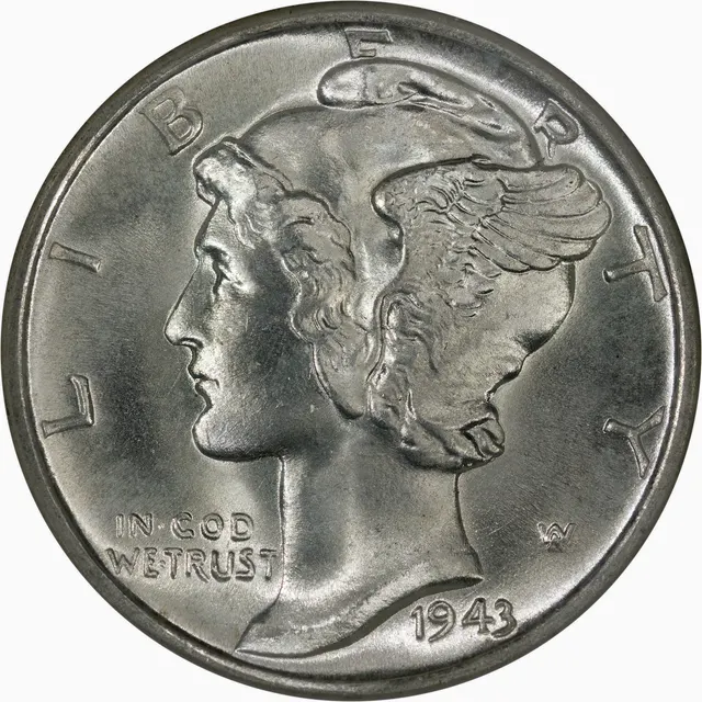 Close-up of a 1943-D Mercury dime obverse showing Liberty in a winged cap
