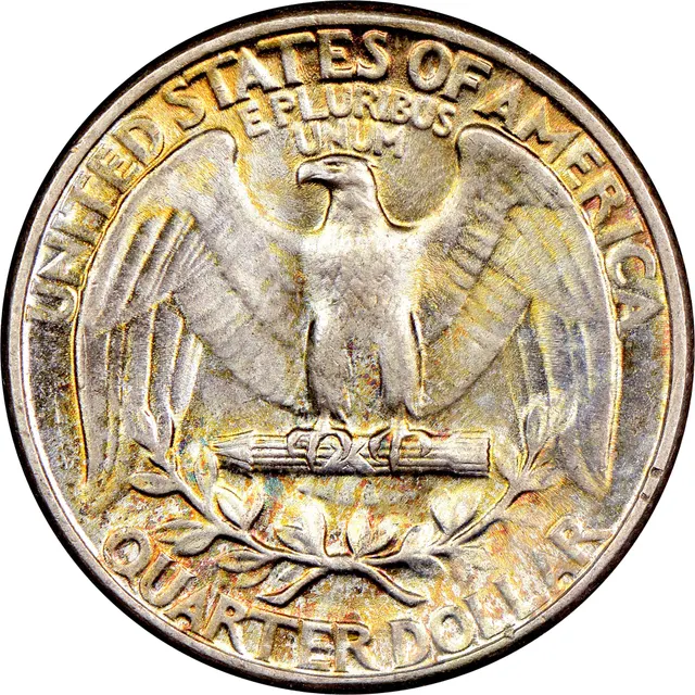 Reverse of a 1932 Washington quarter showing an eagle with spread wings above olive branches