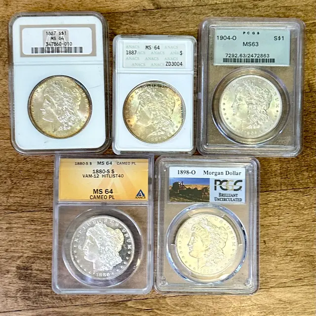 Five graded coins sealed in plastic slabs from NGC, PCGS and ANACS