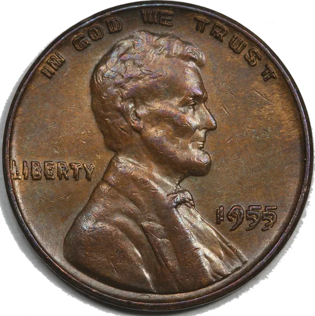 Front of a 1955 doubled die Lincoln cent, with strongly doubled date and lettering